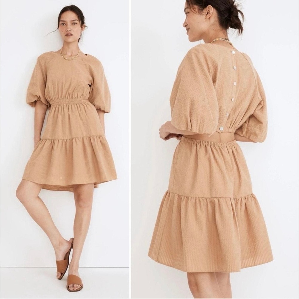 Madewell Seersucker Cutout Tiered Mini Dress Tawny Brown Puff Sleeve‎ XL NE614